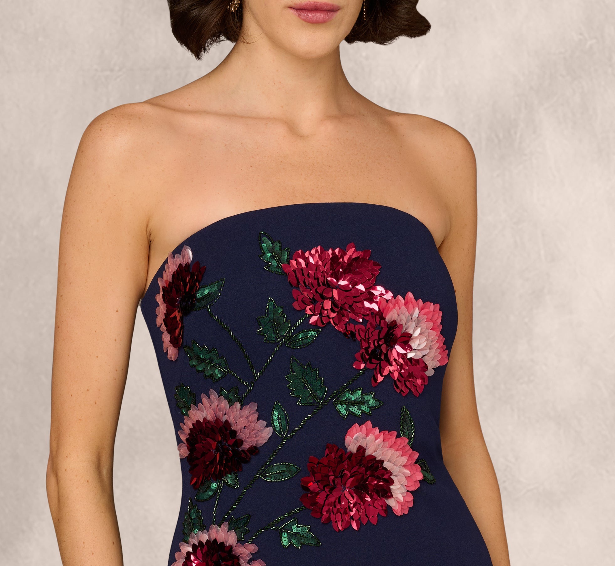 Strapless Floral Sequin Beaded Column Gown In Navy