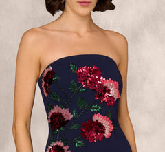 Strapless Floral Sequin Beaded Column Gown In Navy