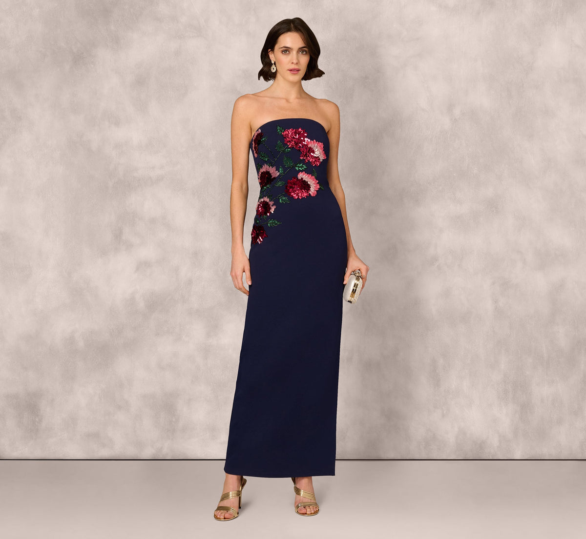 Strapless Floral Sequin Beaded Column Gown In Navy
