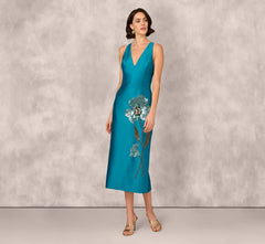 Sleeveless Sequin Bead Flower Midi Dress In Peacock