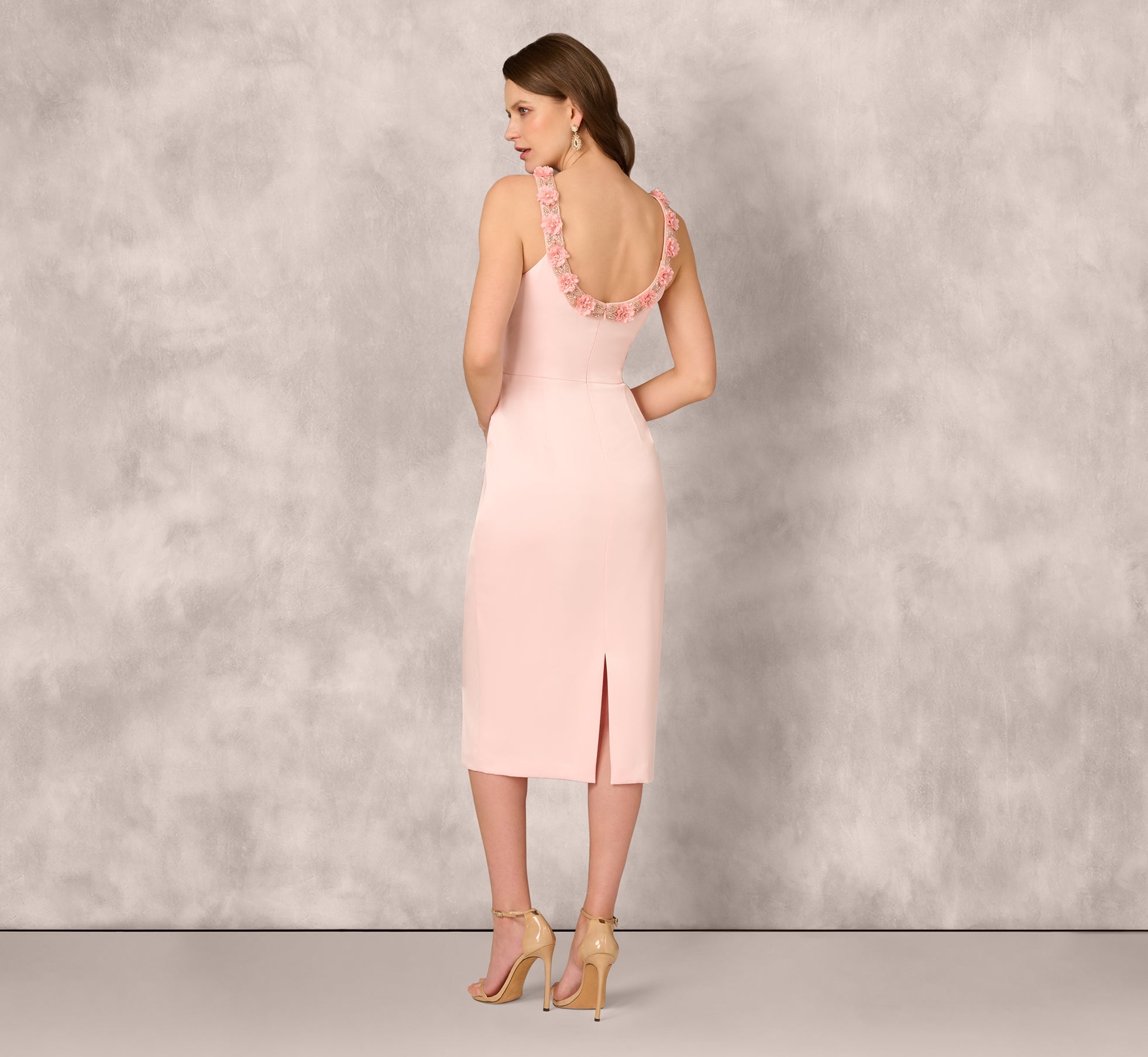 Sleeveless Satin Rosette Midi Sheath Dress In Pink Peach