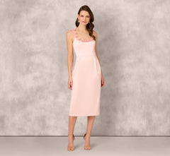Sleeveless Satin Rosette Midi Sheath Dress In Pink Peach