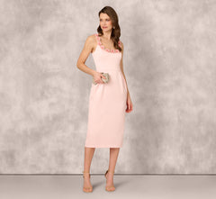 Sleeveless Satin Rosette Midi Sheath Dress In Pink Peach