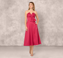 Strapless Bow Front Mikado Midi Dress In Faded Azalea