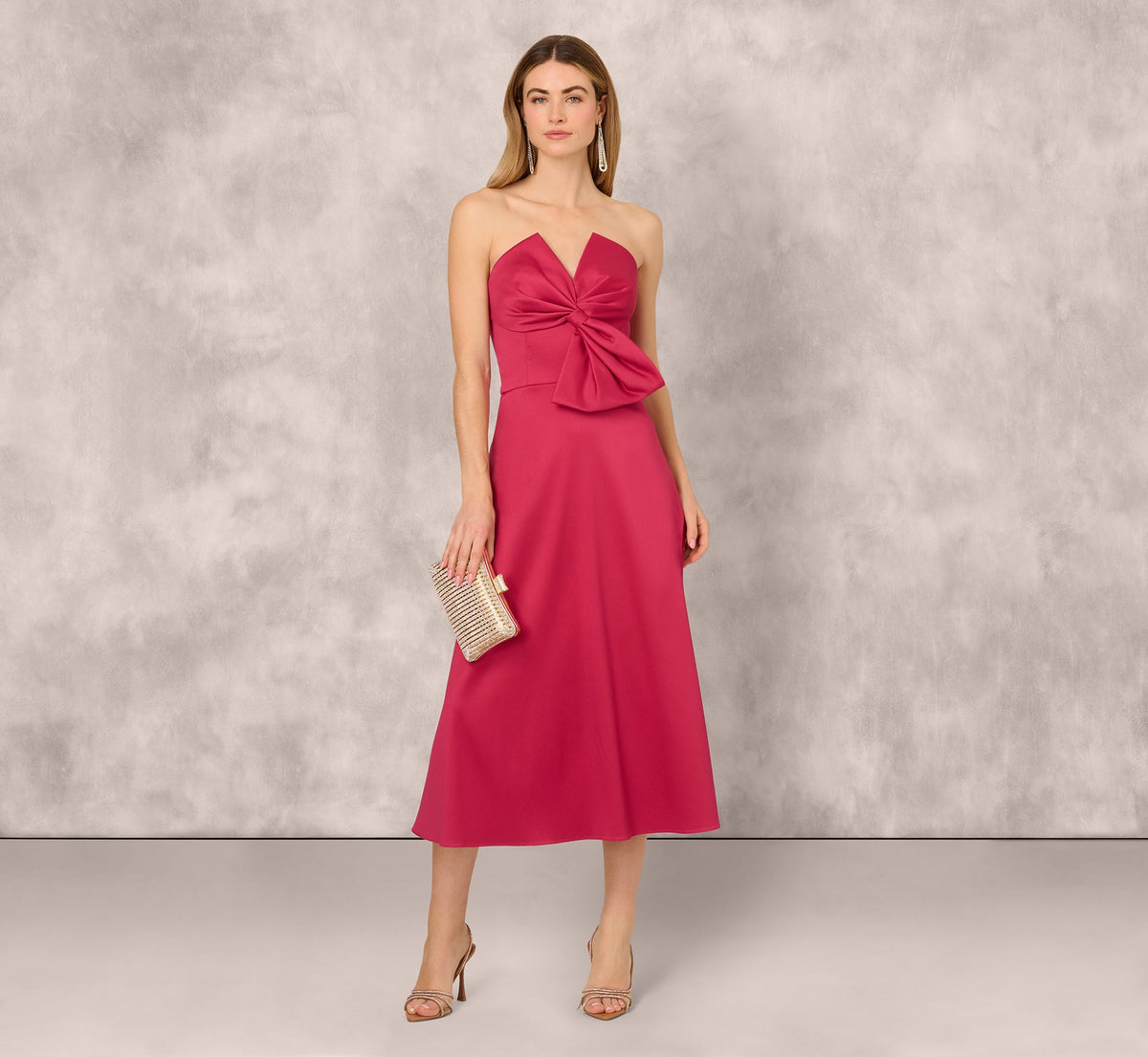 Strapless Bow Front Mikado Midi Dress In Faded Azalea