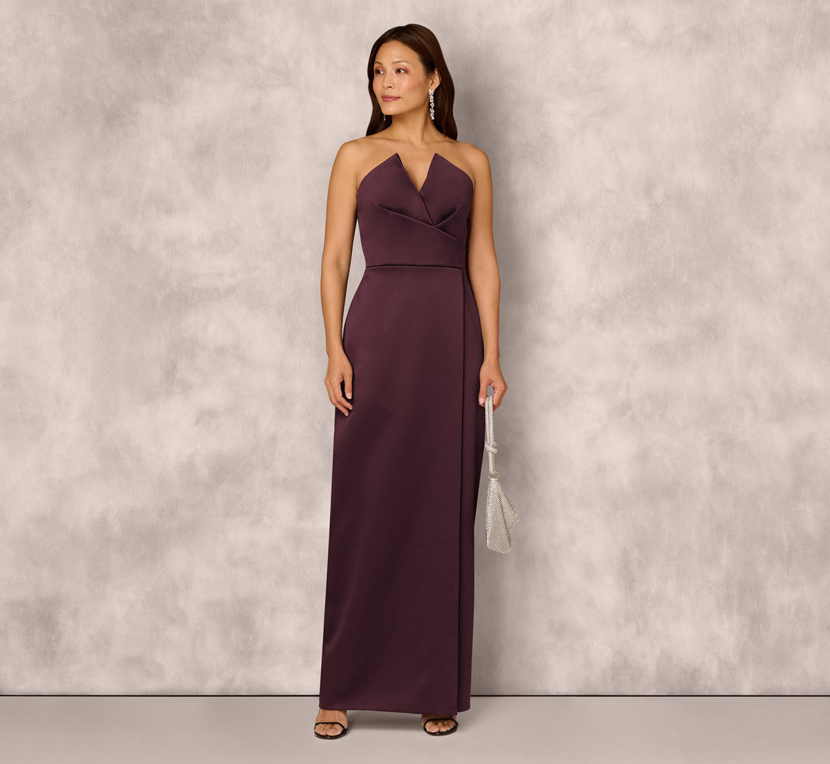 Strapless Notch Neck Satin Gown In Midnight Plum