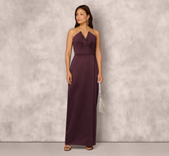 Strapless Notch Neck Satin Gown In Midnight Plum