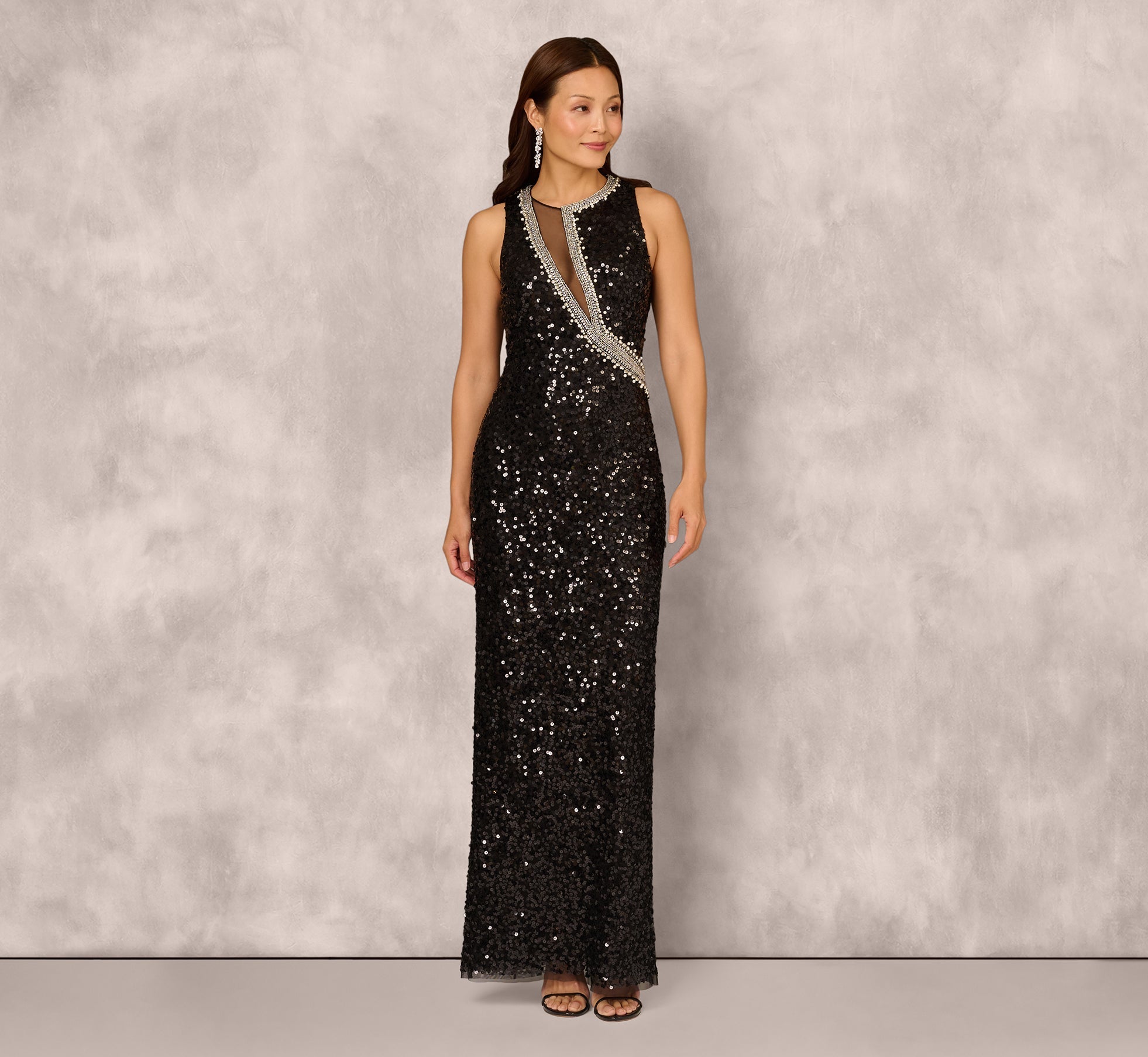 Sleeveless Asymmetrical Illusion Sequin Gown In Black