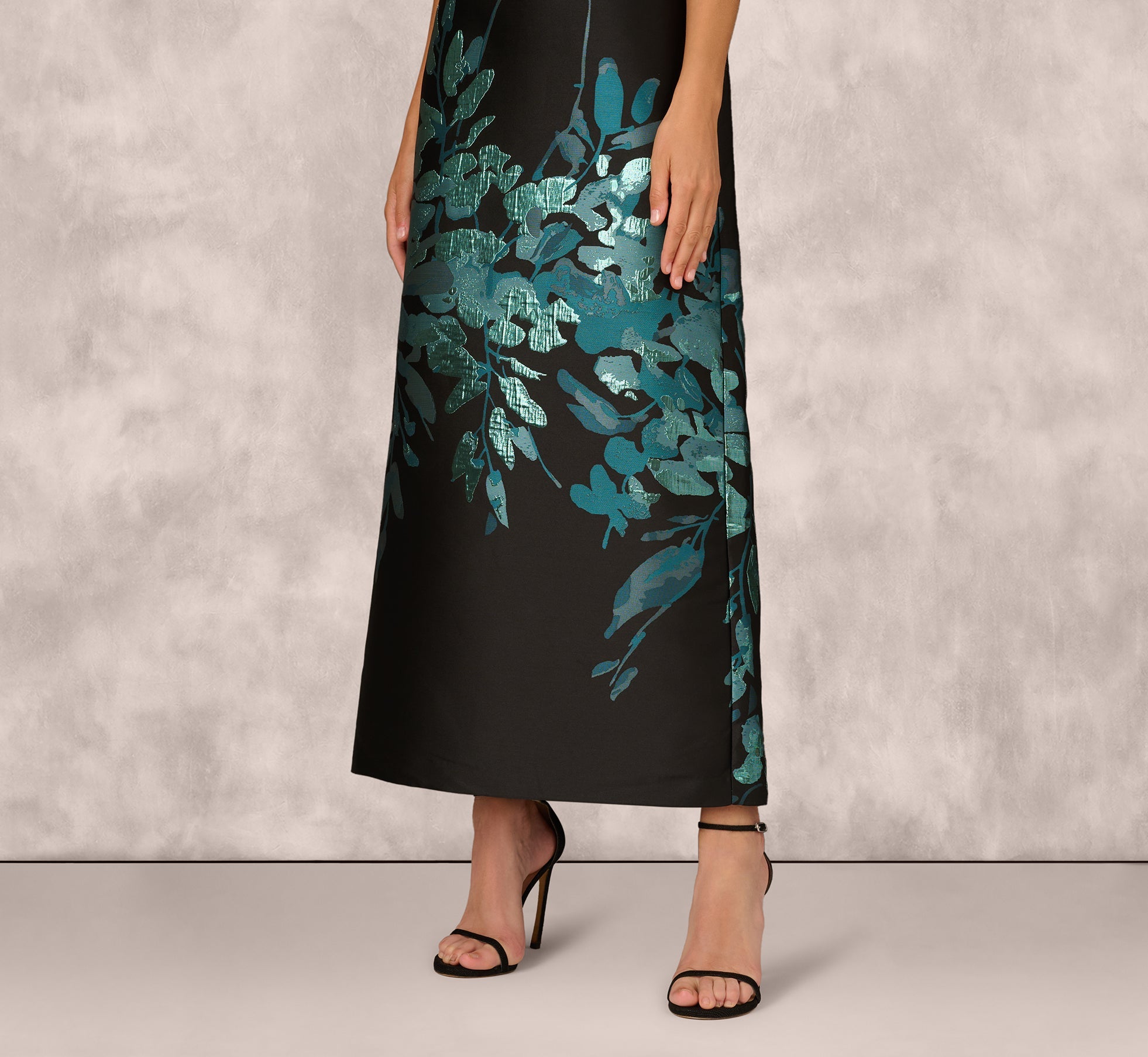 Sleeveless Metallic Floral Jacquard Gown In Black Teal