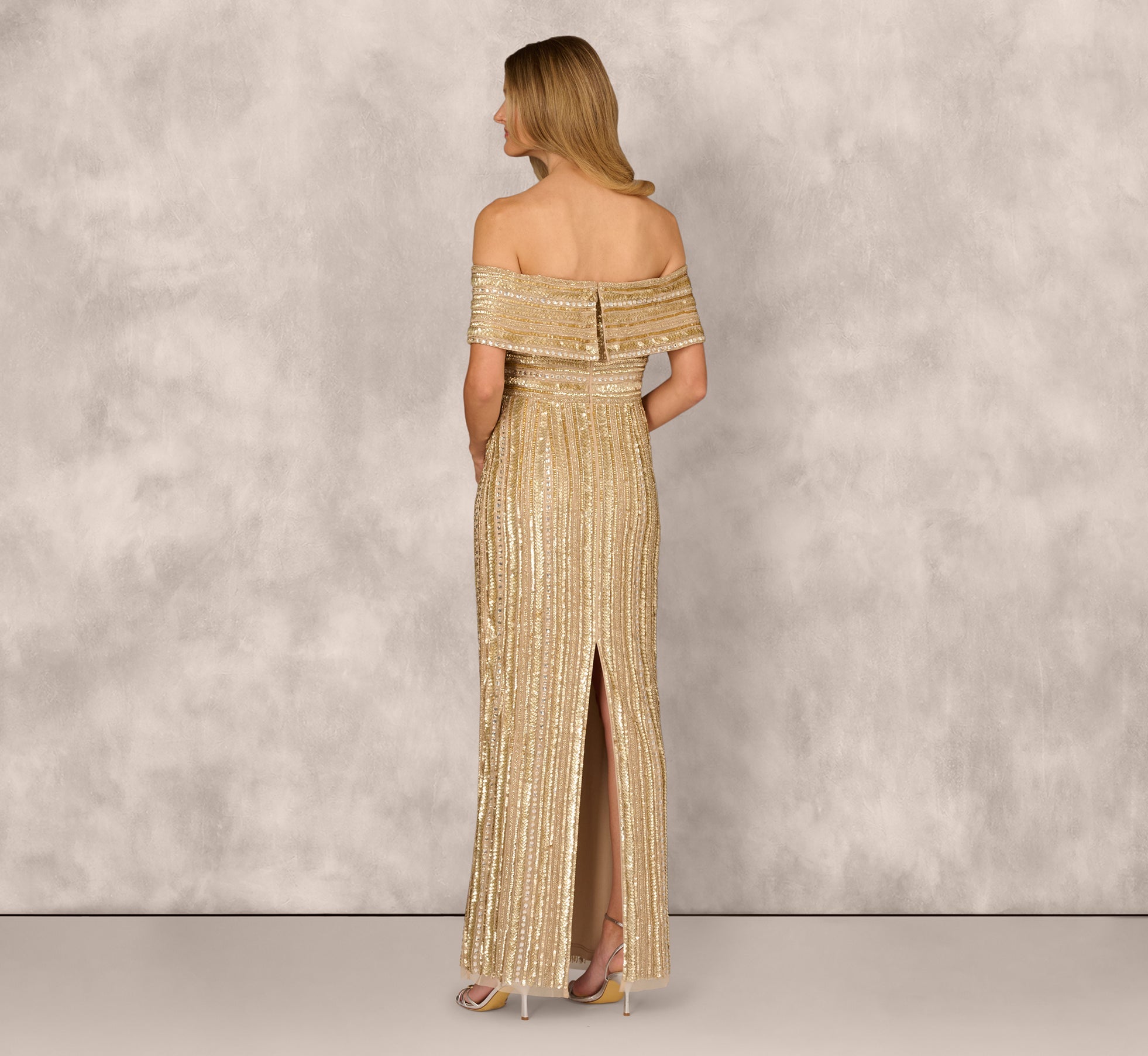 Off Shoulder Sequin Bead Column Gown In Gold