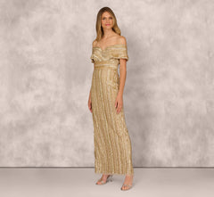 Off Shoulder Sequin Bead Column Gown In Gold