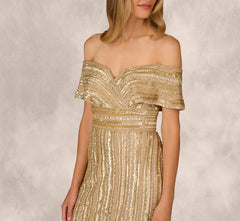 Off Shoulder Sequin Bead Column Gown In Gold