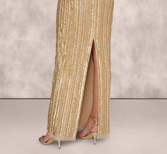 Off Shoulder Sequin Bead Column Gown In Gold