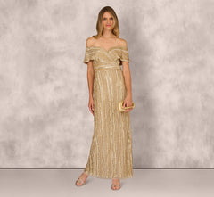 Off Shoulder Sequin Bead Column Gown In Gold