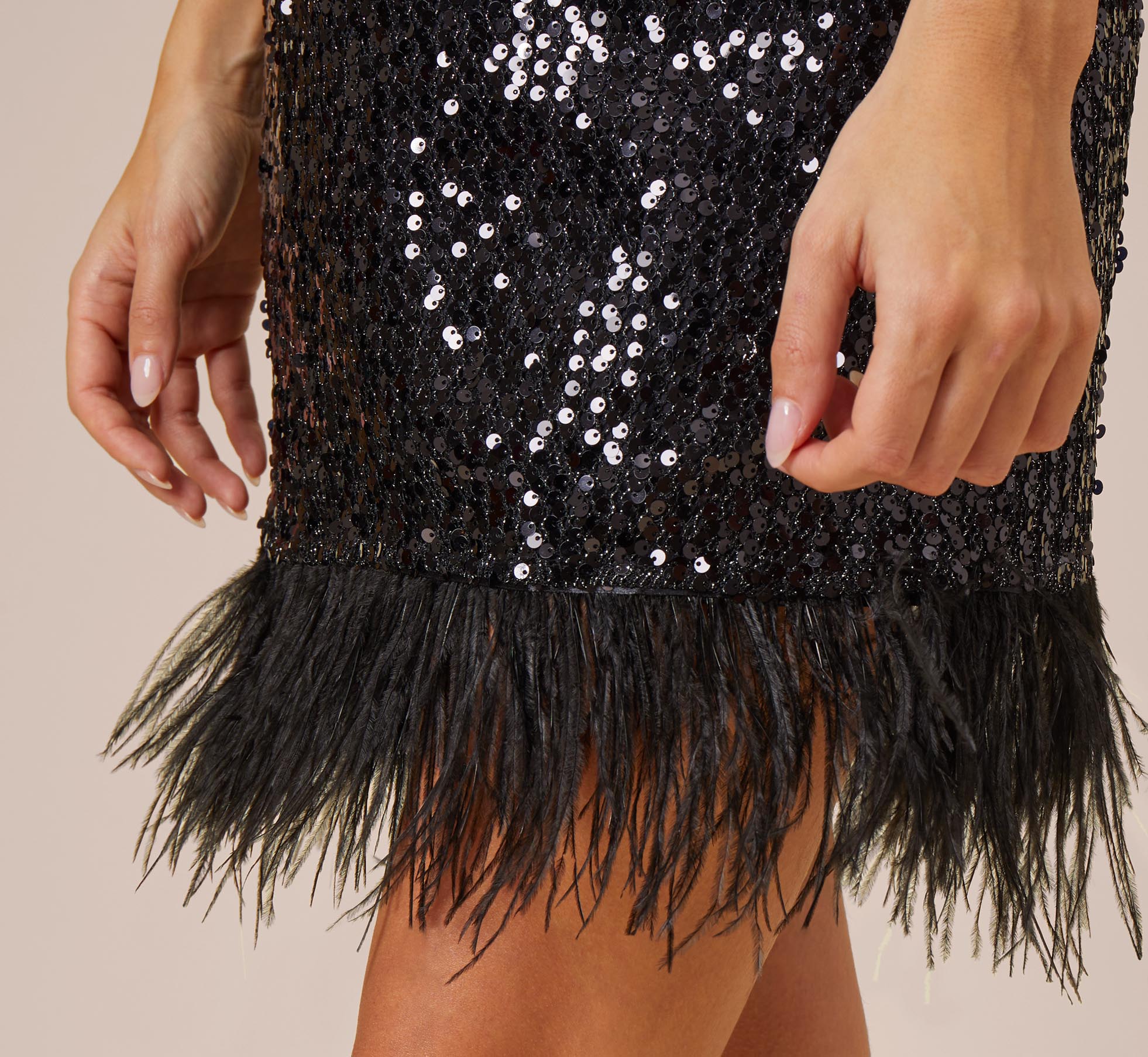 Sequined Trapeze Halter Dress With Feather Trim In Black