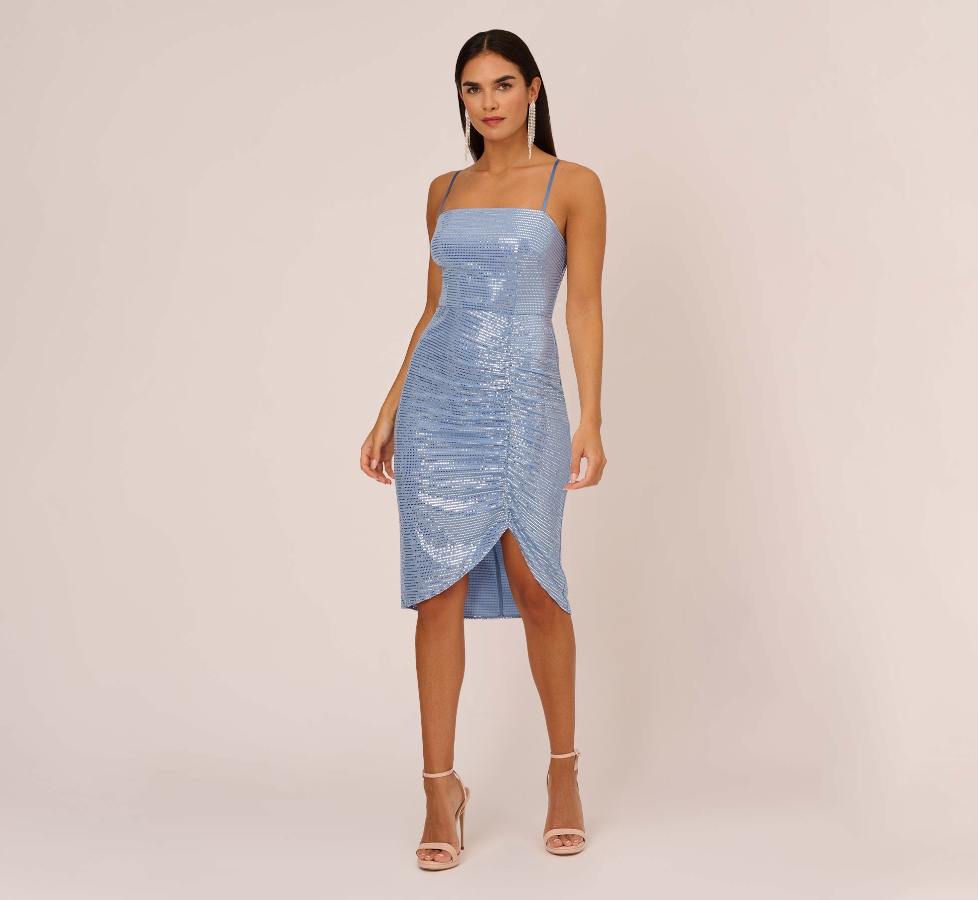 Sequin Knit Cocktail Dress With Ruched Details In Air Force